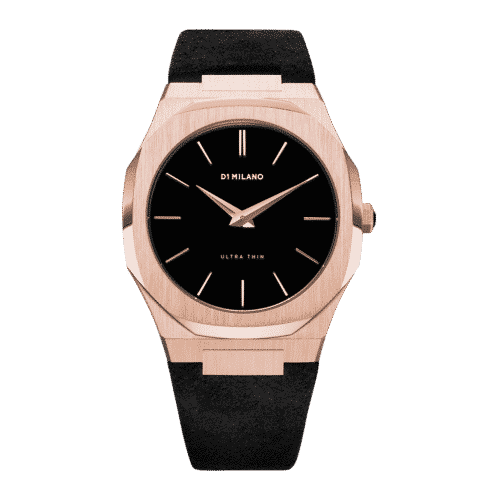 D1 MILANO Ultra Thin Rose Gold Black Leather Strap