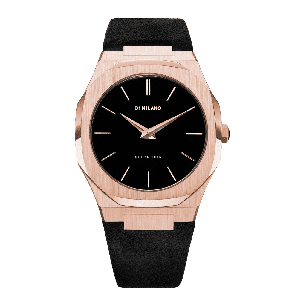 D1 MILANO Ultra Thin Rose Gold Black Leather Strap