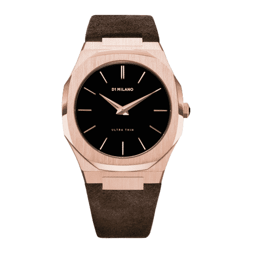 D1 MILANO Ultra Thin Rose Gold Brown Leather Strap