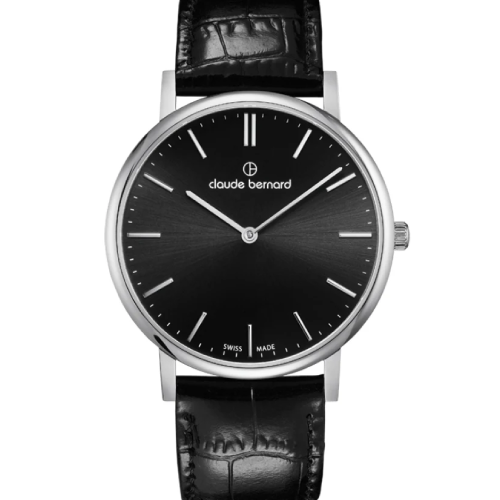Claude Bernard Slim Line Two-Hands Black Leather Strap