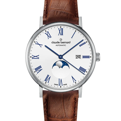 Claude Bernard Slim Line Automatic Moon Phase Brown Leather Strap