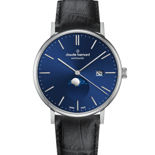 Claude Bernard Slim Line Automatic Moon Phase Black Leather Strap