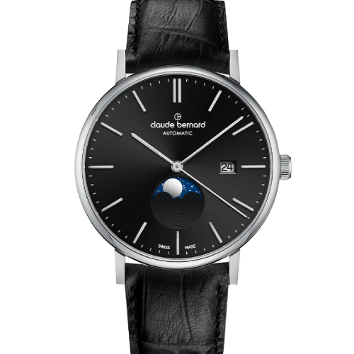 Claude Bernard Slim Line Automatic Moon Phase Black Leather Strap