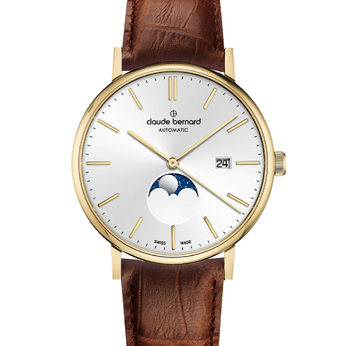 Claude Bernard Slim Line Automatic Moon Phase Brown Leather Strap