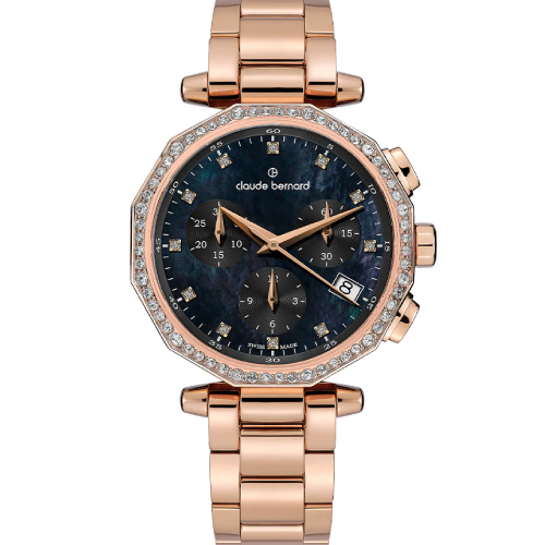 Claude Bernard Dress Code Chronograph Stones Rose Gold Stainless Steel Bracelet