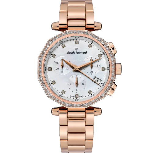 Claude Bernard Dress Code Chronograph Stones Rose Gold Stainless Steel Bracelet