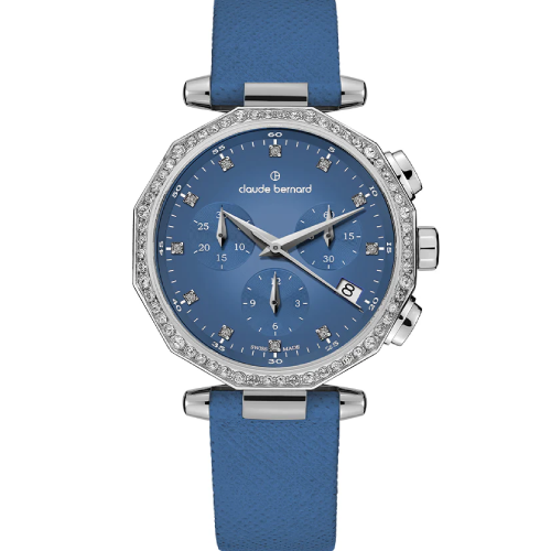 Claude Bernard Dress Code Chronograph Stones Blue Leather Strap