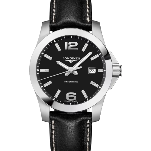 LONGINES Conquest Black Leather Strap