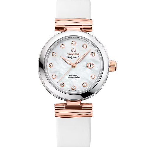Omega De Ville Ladymatic 34 mm, Steel - Sedna™ Gold on Leather Strap