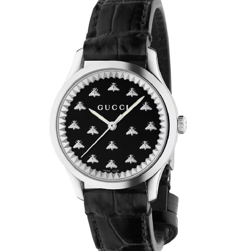 GUCCI G-Timeless Quartz Watch Black Bee Dial Black Leather Strap