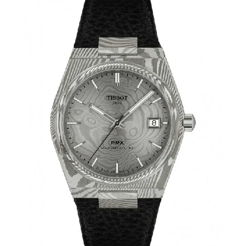TISSOT T-Classic PRX Damascus Steel Powermatic 80 Black Leather Strap