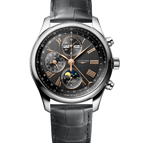 The Longines Master Collection Chronograph Moonphase Automatic Grey Leather Strap 42 mm