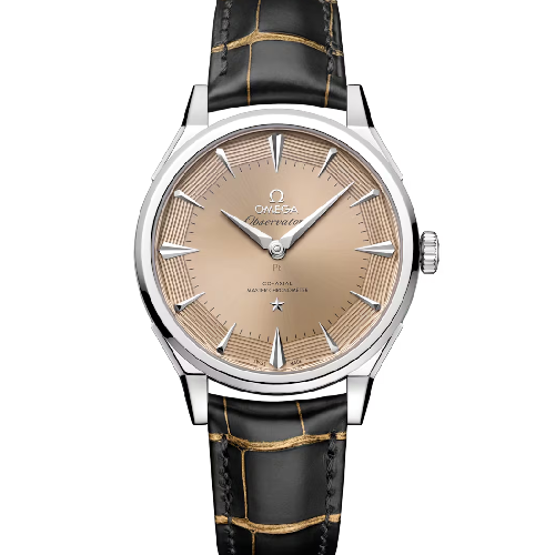 Omega Constellation Observatory 39.4 mm, platinum‑gold on alligator