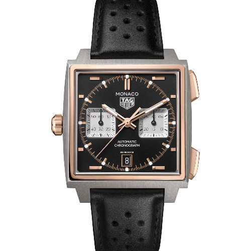Tag Heuer Monaco Automatic Chronograph Titanium & 18K 5N Rose Gold Black Leather Strap