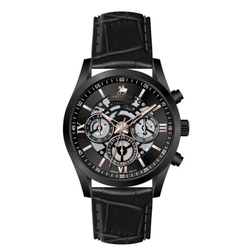 American Polo Skeleton Heritage Gents Multifunction Black Leather Strap