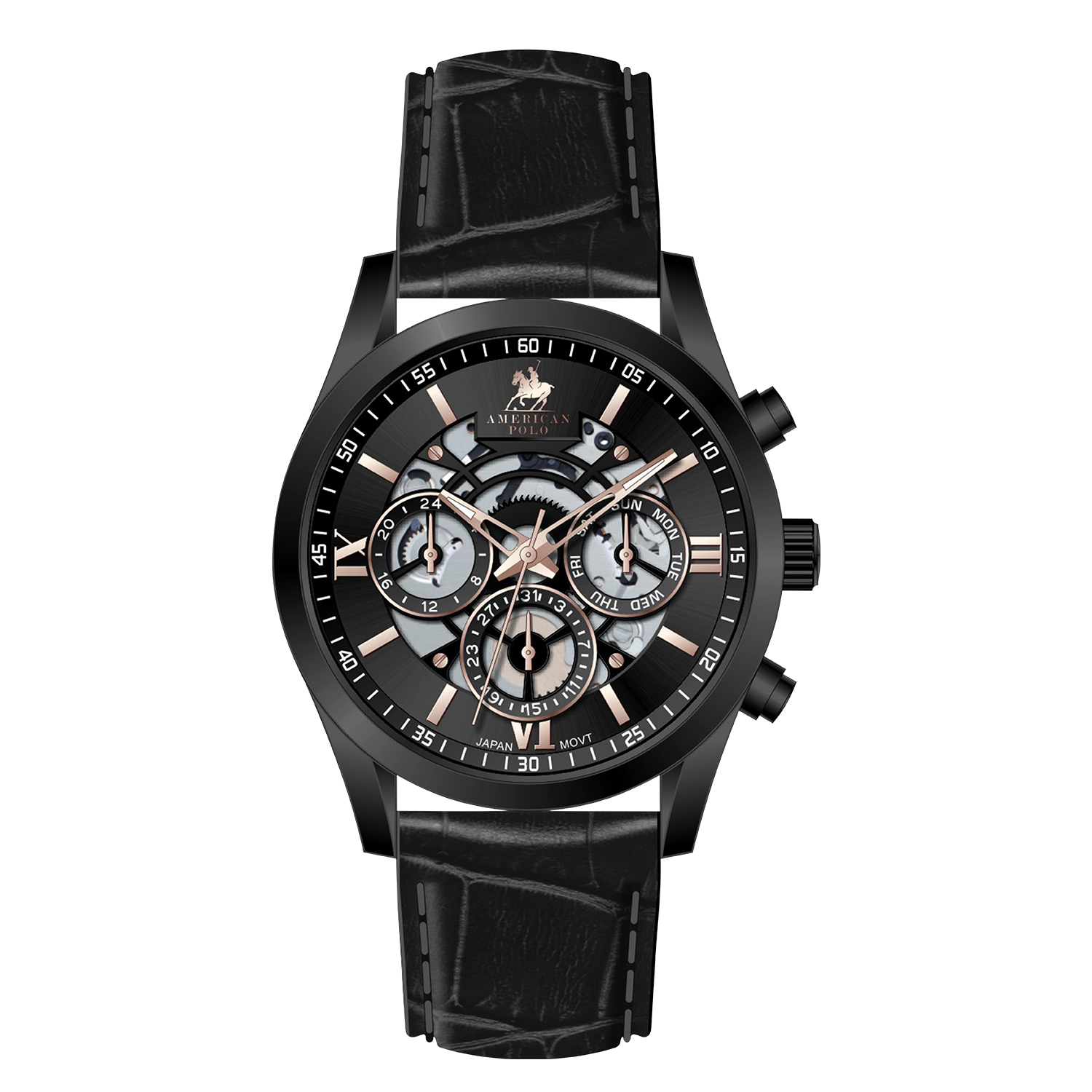 American Polo Skeleton Heritage Gents Multifunction Black Leather Strap