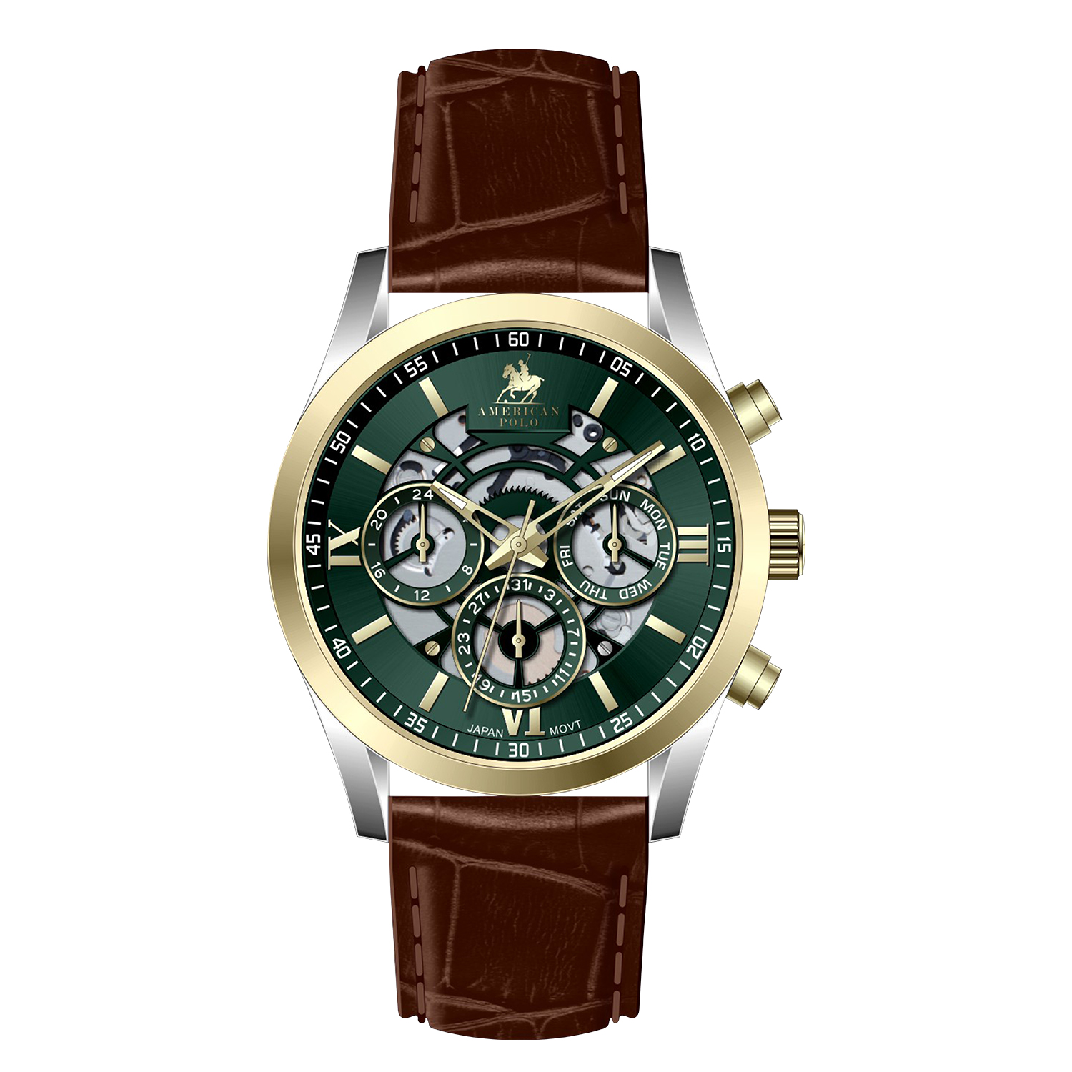 American Polo Skeleton Heritage Gents Multifunction Brown Leather Strap