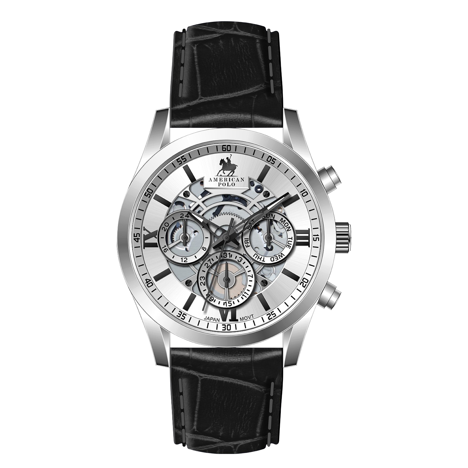 American Polo Skeleton Heritage Gents Multifunction Black Leather Strap