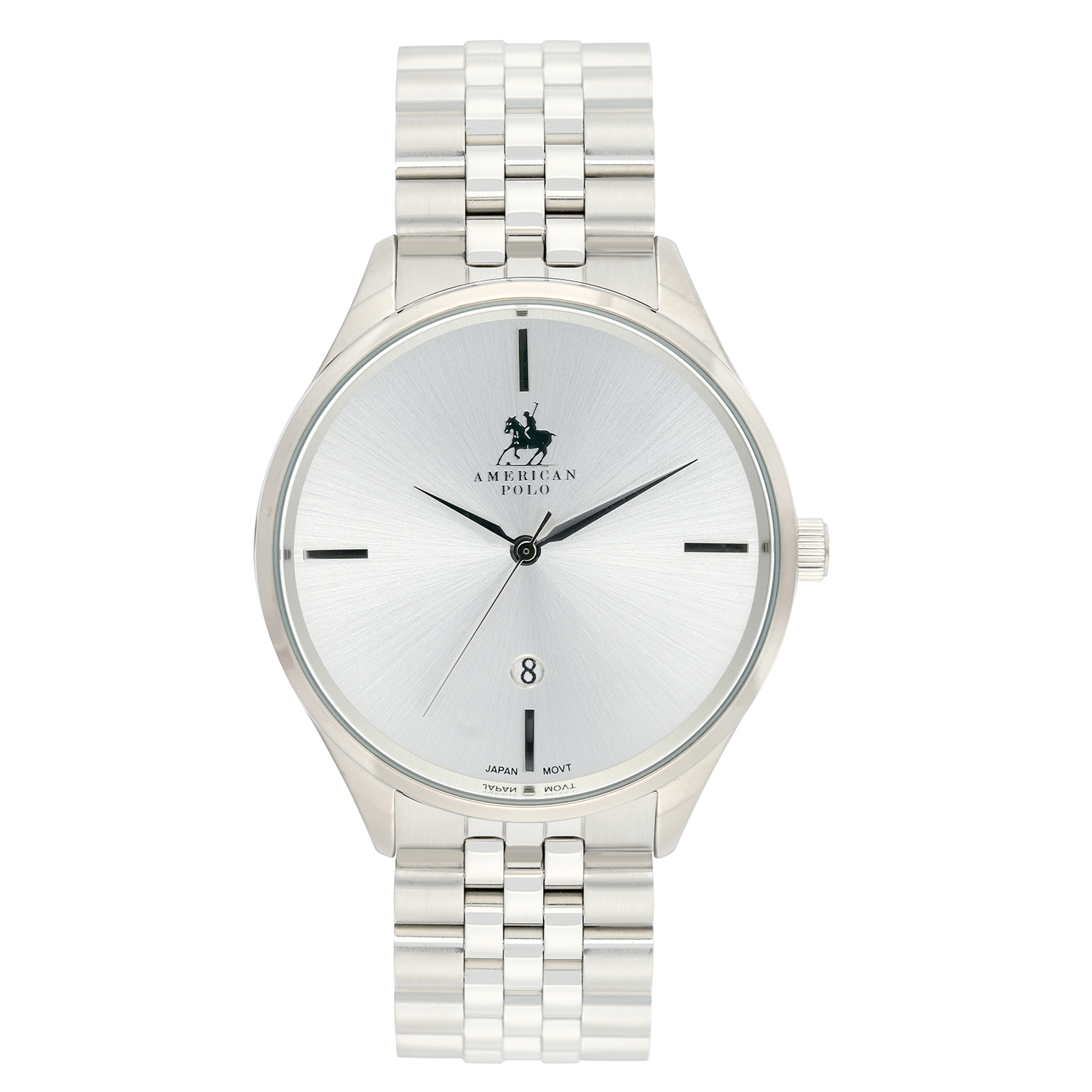 American Polo Riviera Prestige Gents Date Silver Stainless Steel Bracelet