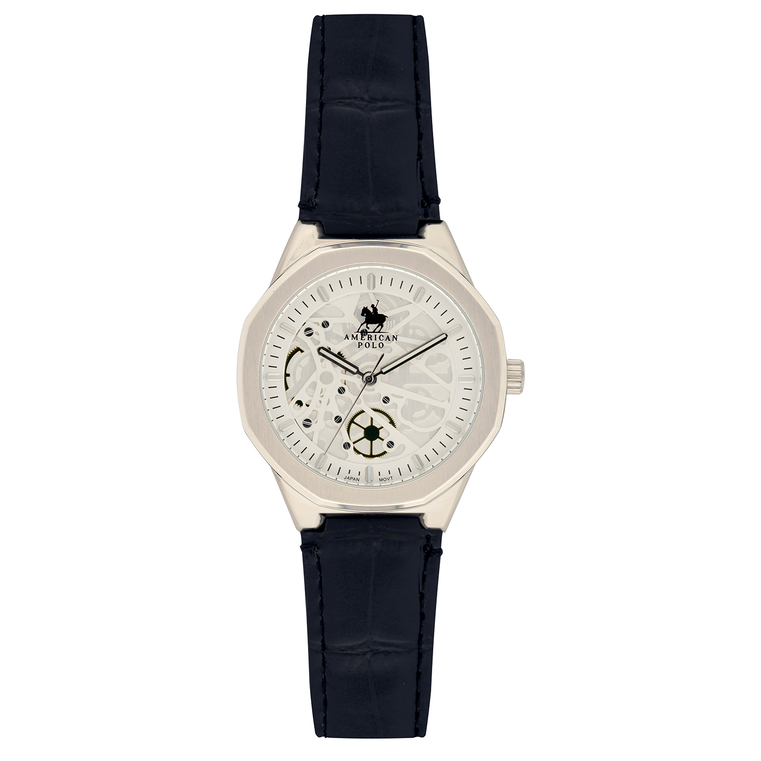 American Polo Skeleton Gents Black Leather Strap