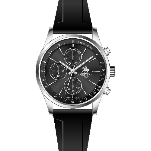 American Polo Pulse Collection Gents Multifunction Black Rubber Strap