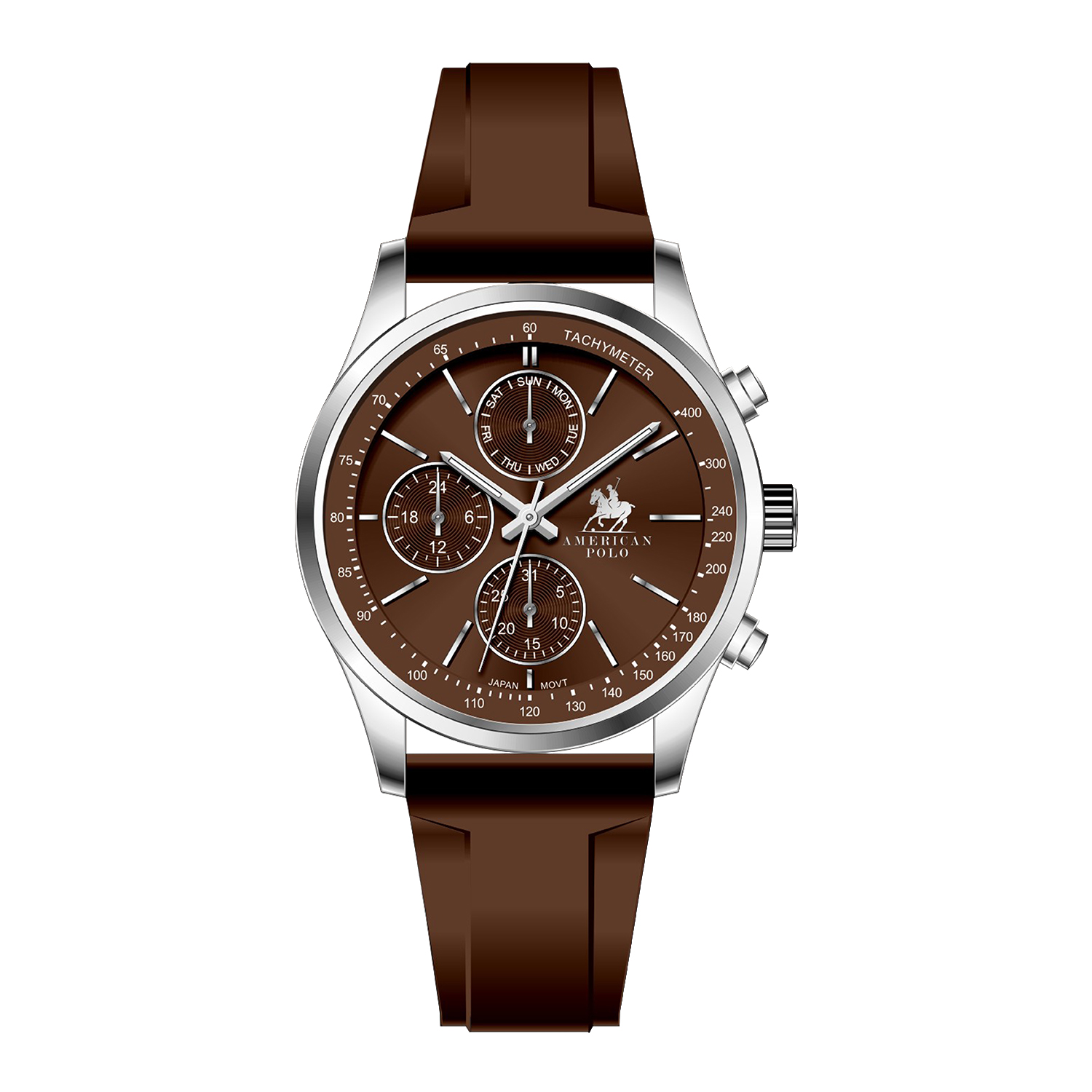 American Polo Pulse Collection Gents Multifunction Brown Rubber Strap