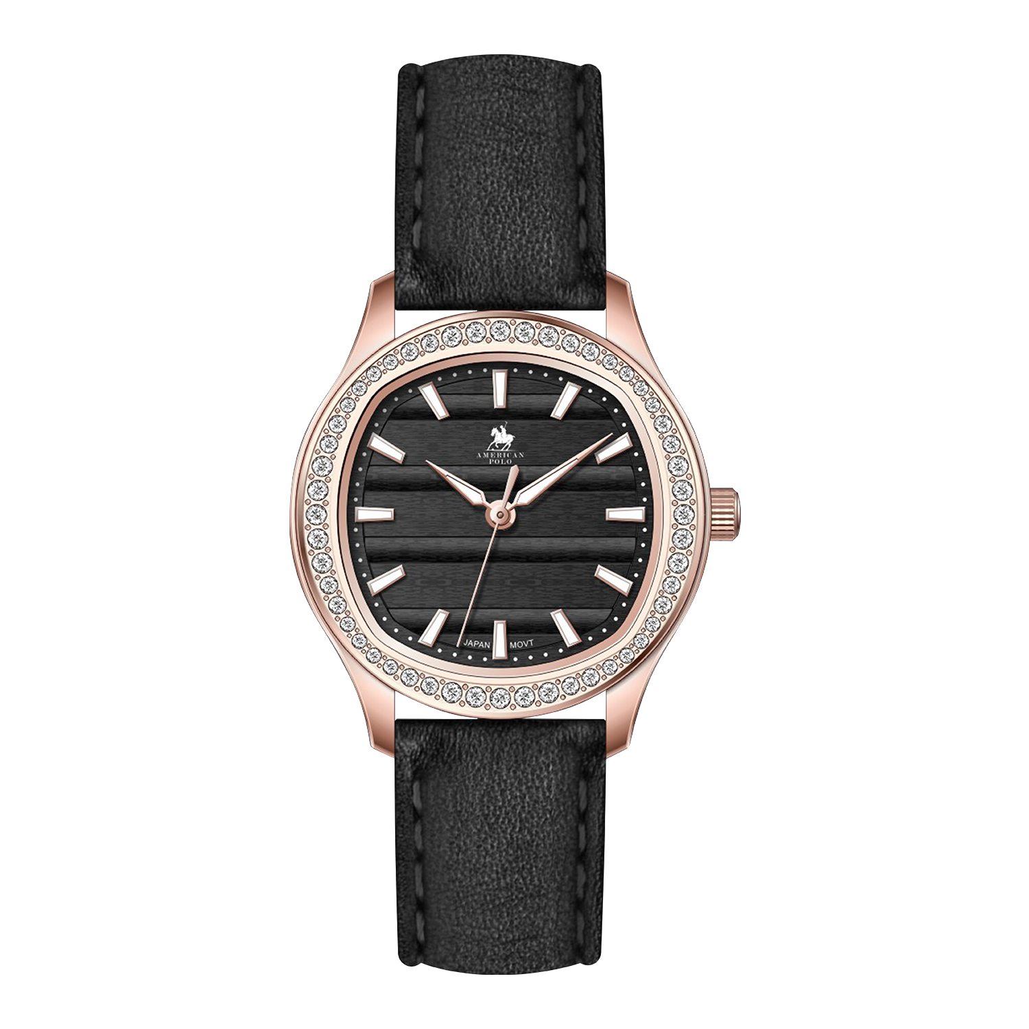 American Polo Ladies Crystal Black Leather Strap